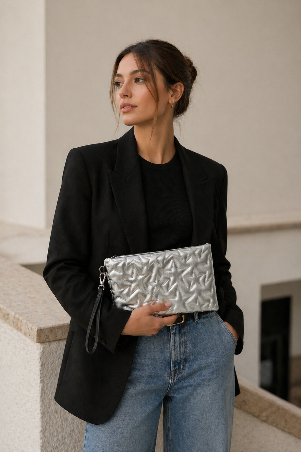 Yıldız Desenli Parlak Kadın El Çantası – Şık Clutch Çanta Gümüş