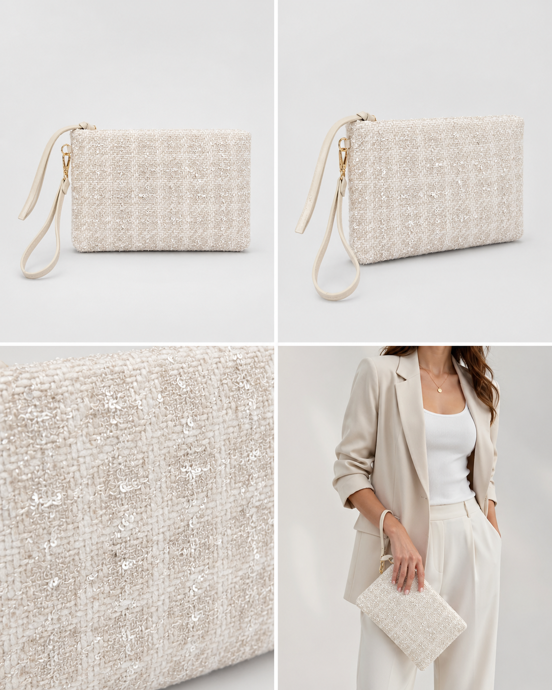 Clutch Çanta Dokuma El Çantası Bilek Askılı Yazlık Portföy Çanta Krem