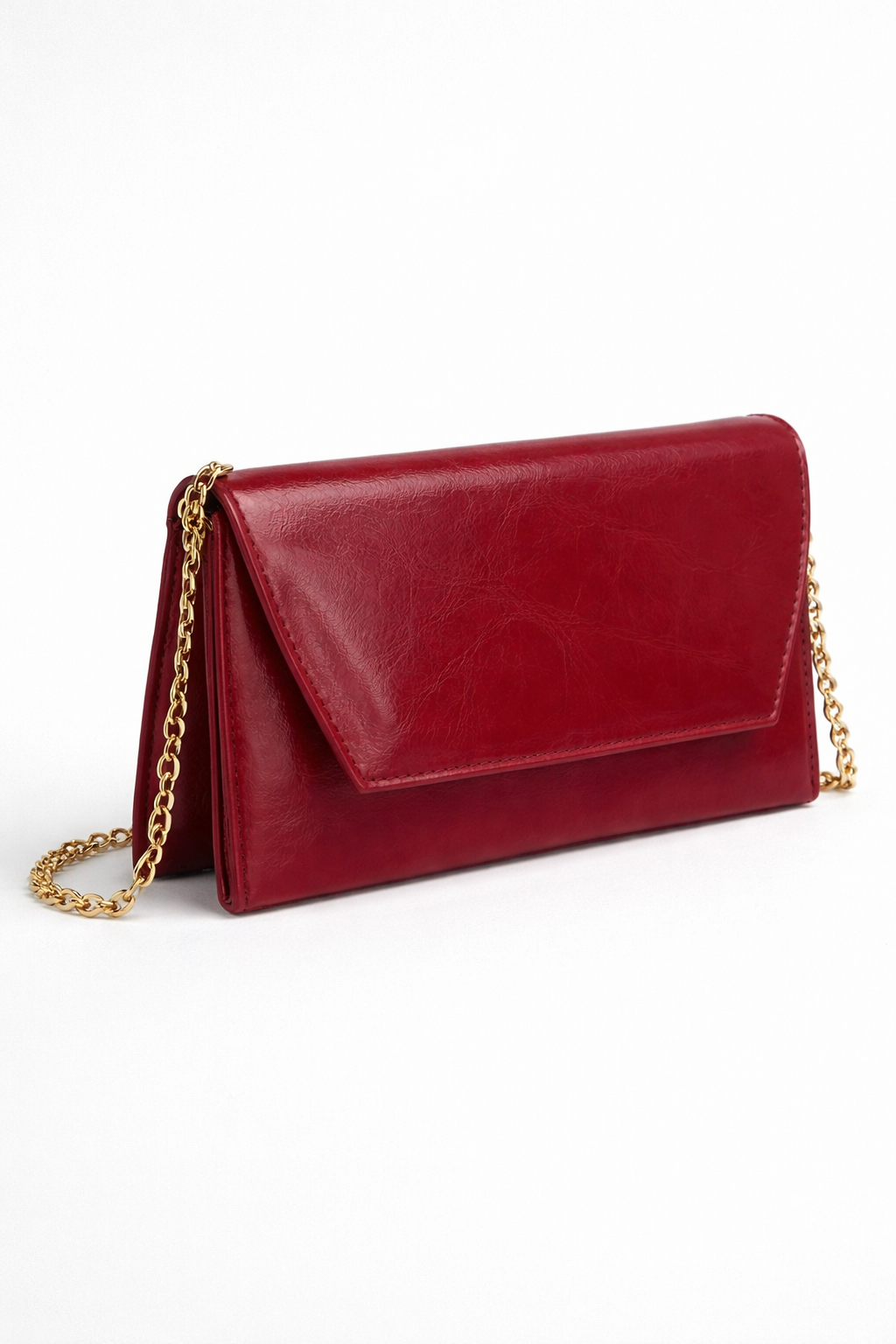 Deri Görünümlü Zincir Askılı Kadın El ve Omuz Çantası – Şık Portföy Clutch Bordo