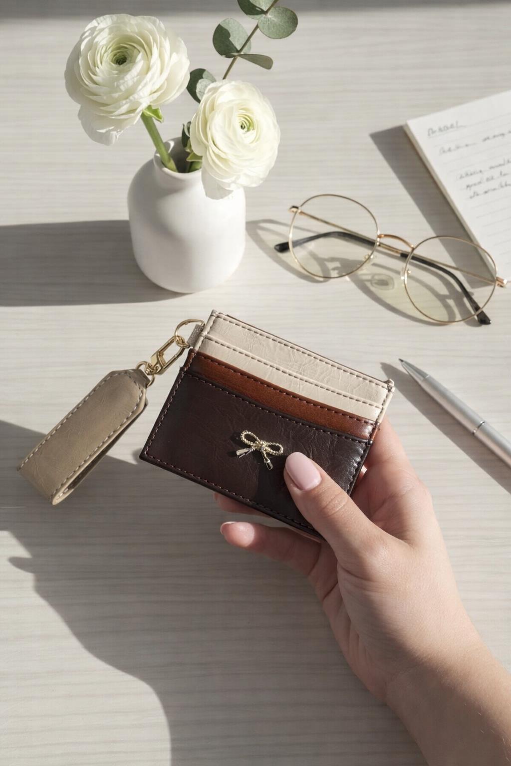 Fiyonk Detaylı Anahtarlıklı Parlak PU Deri Kartlık Renkli