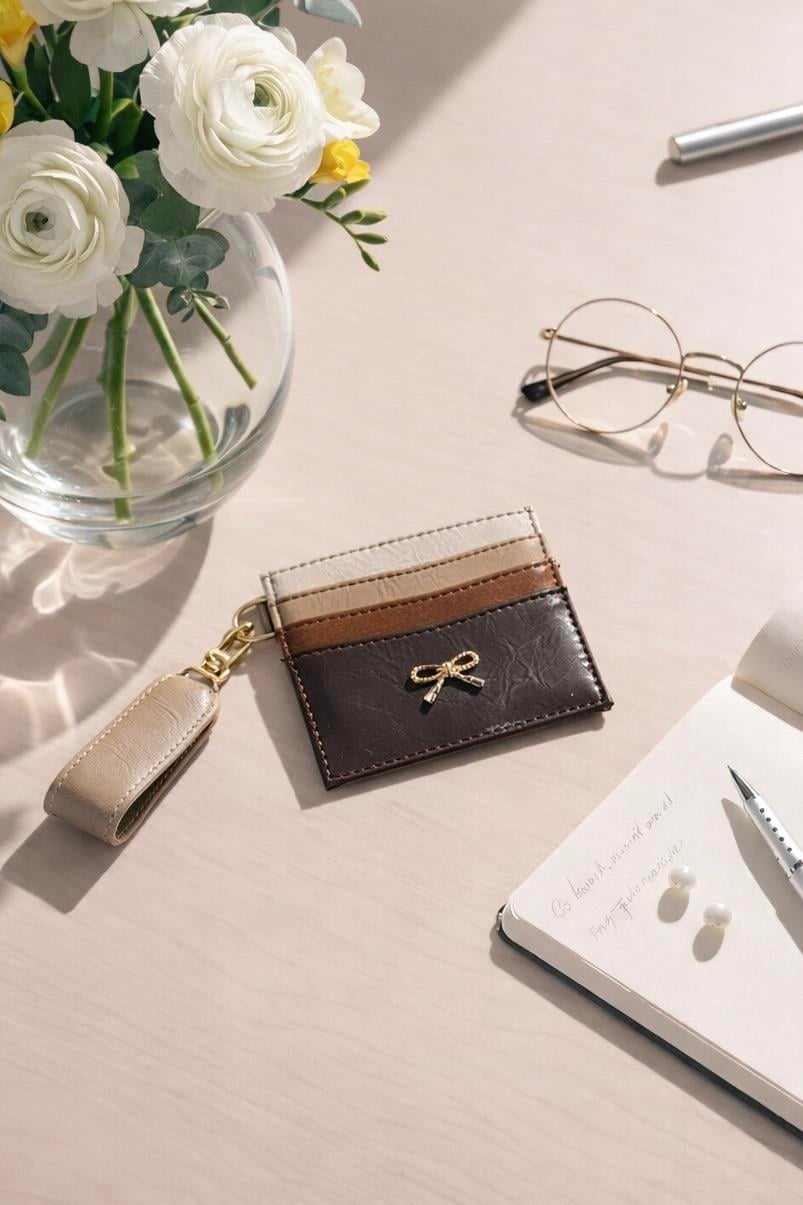 Fiyonk Detaylı Anahtarlıklı Parlak PU Deri Kartlık Renkli