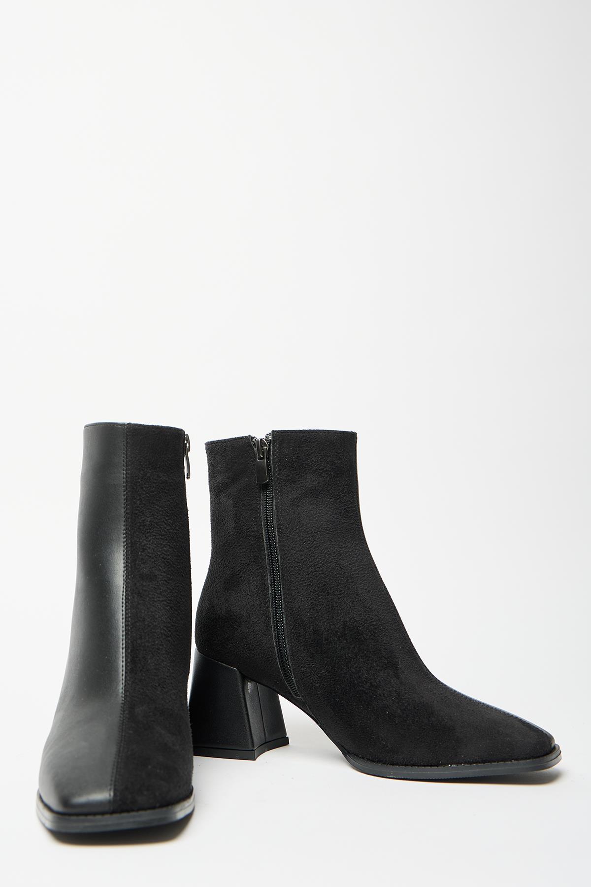Kadın Siyah Süet Bot & Bootie Küt Burun Topuklu Kontrast PU Deri Fermuarlı Şık