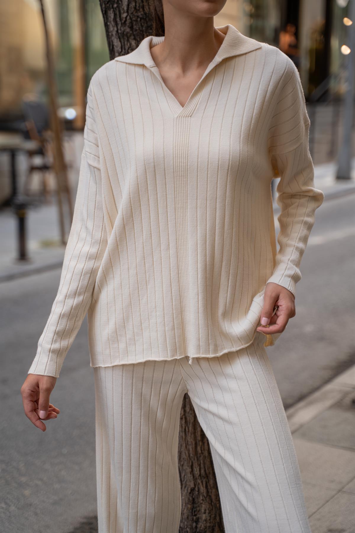 Polo Yaka Fitilli Takım Krem