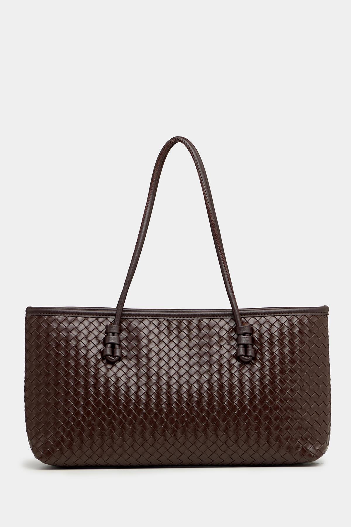 Örgü Desenli PU Deri El ve Omuz Çantası – Zarif Geniş Form Kahverengi