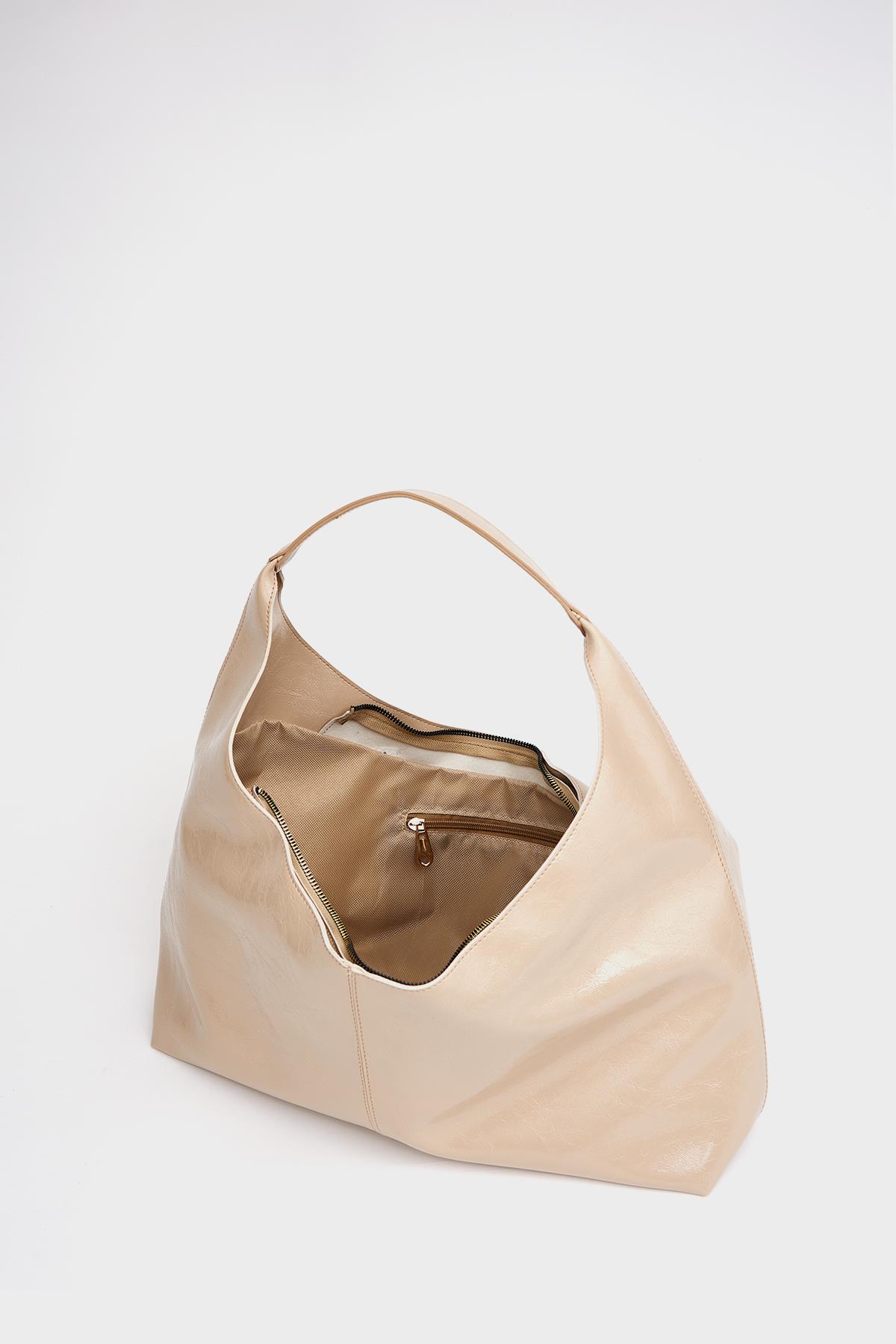 Parlak Rugan El ve Omuz Çantası Vizon Rugan