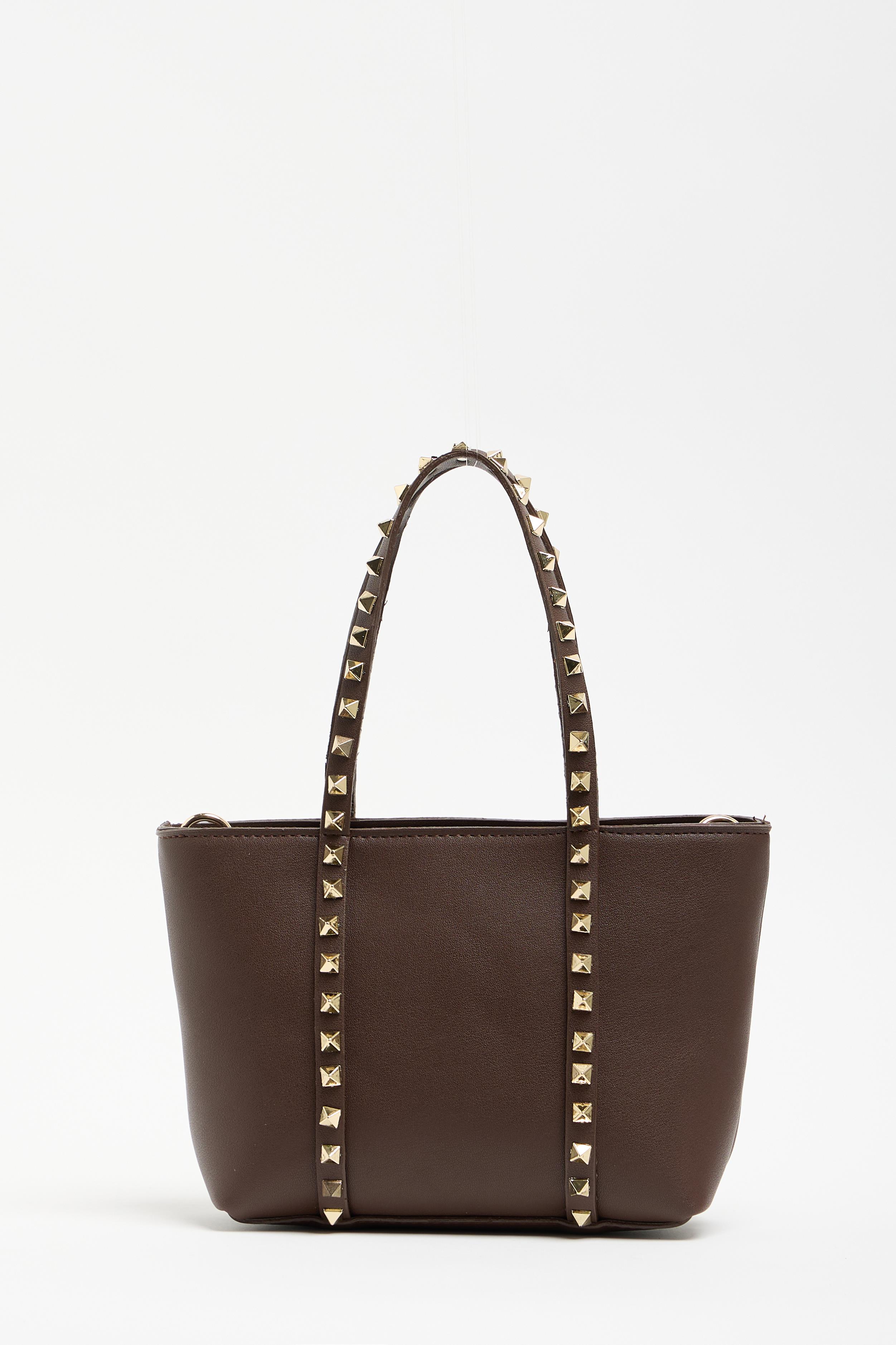 Kahverengi Kadın Küçük Boy Zımba Detaylı PU Deri Tokalı El ve Omuz Çantası