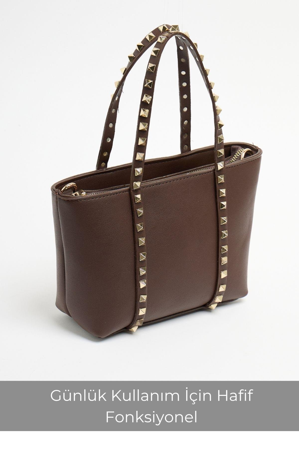 Kahverengi Kadın Küçük Boy Zımba Detaylı PU Deri Tokalı El ve Omuz Çantası