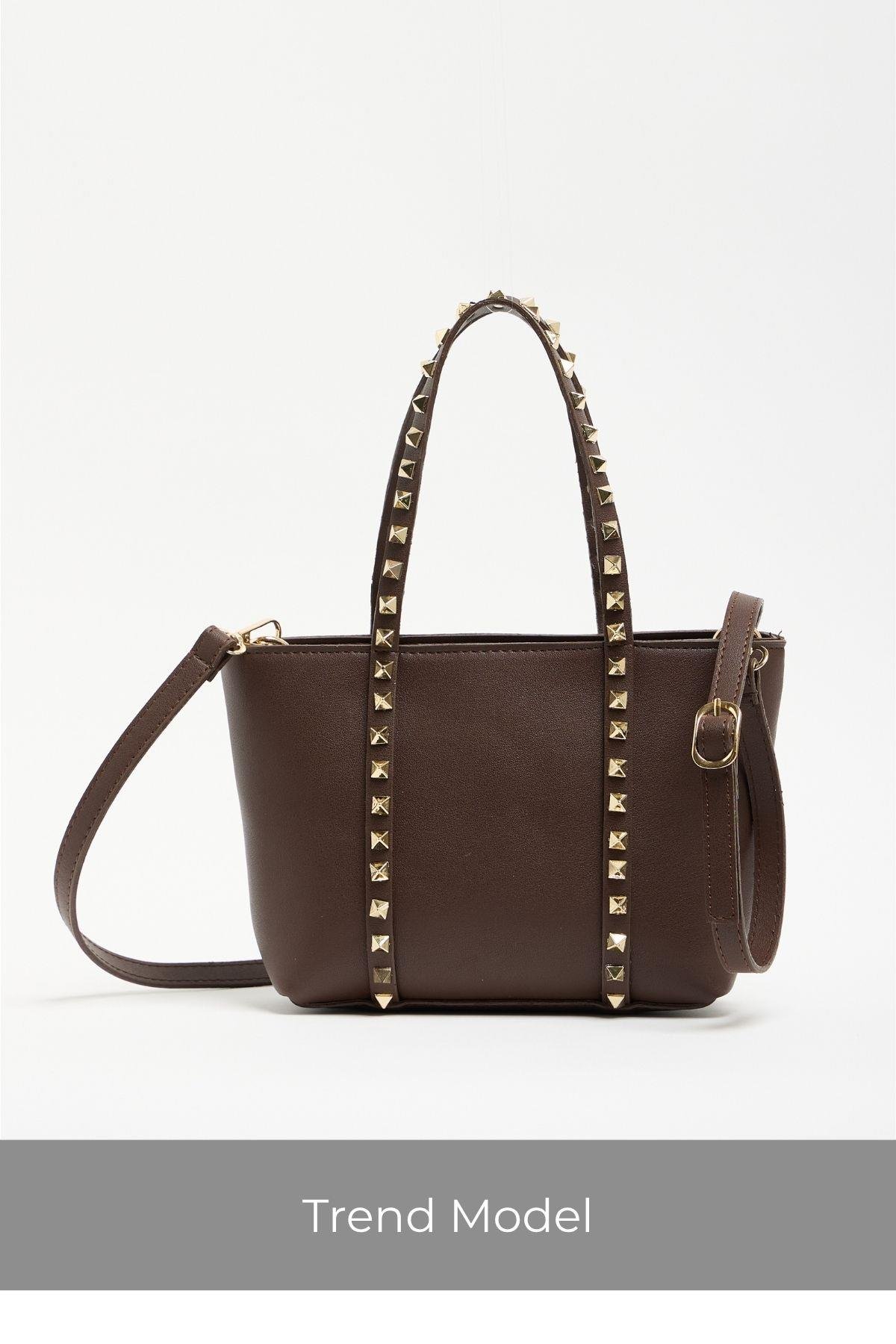 Kahverengi Kadın Küçük Boy Zımba Detaylı PU Deri Tokalı El ve Omuz Çantası