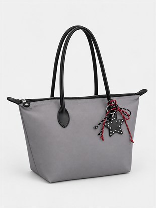 Süslemeli Fermuarlı Shopper Omuz Çantası Gri