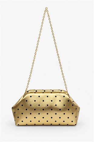 Puantiyeli  Kadın Zincir Askılı Clutch ve Omuz Çantası Altın Puantiyeli