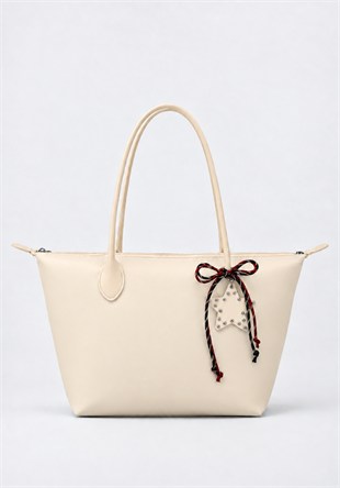 Süslemeli Fermuarlı Shopper Omuz Çantası Krem