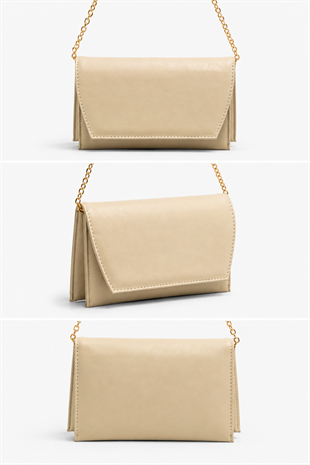 Deri Görünümlü Zincir Askılı Kadın El ve Omuz Çantası – Şık Portföy Clutch Krem