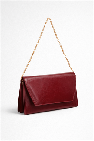 Deri Görünümlü Zincir Askılı Kadın El ve Omuz Çantası – Şık Portföy Clutch Bordo
