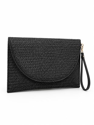 Clutch Çanta Kavis Kapaklı Portföy El Çantası Siyah Hasır