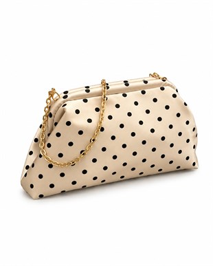Puantiyeli  Kadın Zincir Askılı Clutch ve Omuz Çantası Krem Puantiyeli