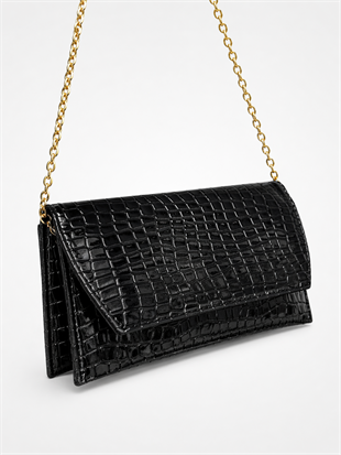 Deri Görünümlü Zincir Askılı Kadın El ve Omuz Çantası – Şık Portföy Clutch Siyah Kroko