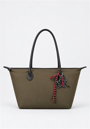 Süslemeli Fermuarlı Shopper Omuz Çantası Haki
