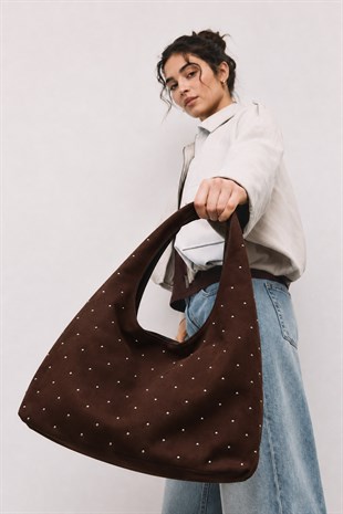 Süet Shopper Yumuşak  Form Omuz Çantası Kahverengi