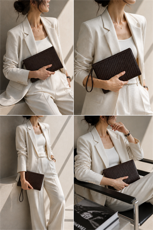 Kadın Portföy Çanta – Şık Tasarım, Günlük & Gece Kullanım Clutch Kahverengi Örgü Desen