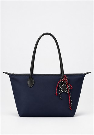 Süslemeli Fermuarlı Shopper Omuz Çantası Lacivert