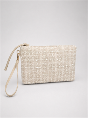 Clutch Çanta Dokuma El Çantası Bilek Askılı Yazlık Portföy Çanta Krem