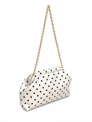 Puantiyeli  Kadın Zincir Askılı Clutch ve Omuz Çantası Beyaz Puantiyeli