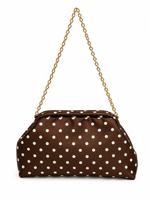 Puantiyeli  Kadın Zincir Askılı Clutch ve Omuz Çantası Kahverengi Puantiyeli