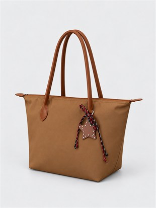 Süslemeli Fermuarlı Shopper Omuz Çantası Taba
