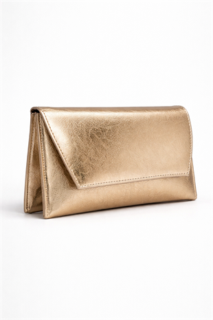 Deri Görünümlü Zincir Askılı Kadın El ve Omuz Çantası – Şık Portföy Clutch Altın