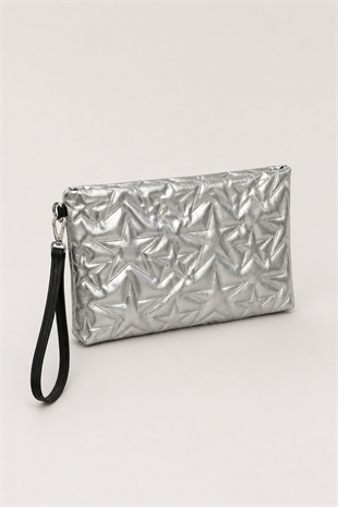 Yıldız Desenli Parlak Kadın El Çantası – Şık Clutch Çanta Gümüş