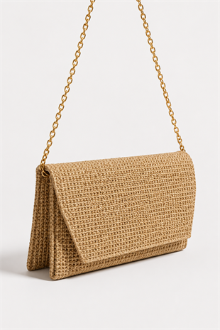 Deri Görünümlü Zincir Askılı Kadın El ve Omuz Çantası – Şık Portföy Clutch Hasır Görünümlü