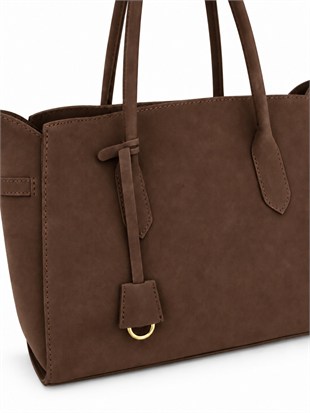 Fermuarlı İç Bölmeli Omuz Çantası Shopper Model Kahverengi Süet