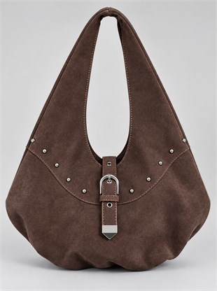 Metal Zımba Detaylı Kilit Aksesuarlı Büyük Boy Hobo Omuz Çantası Kahverengi Süet