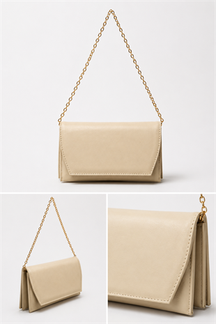 Deri Görünümlü Zincir Askılı Kadın El ve Omuz Çantası – Şık Portföy Clutch Krem