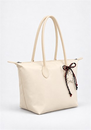 Süslemeli Fermuarlı Shopper Omuz Çantası Krem