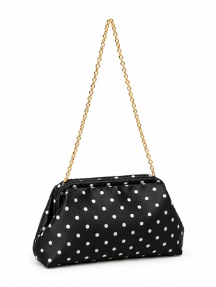 Puantiyeli  Kadın Zincir Askılı Clutch ve Omuz Çantası Siyah Puantiyeli
