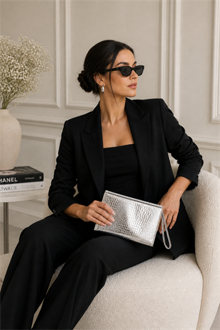 Kadın Portföy Çanta – Şık Tasarım, Günlük & Gece Kullanım Clutch Gümüş Kroko