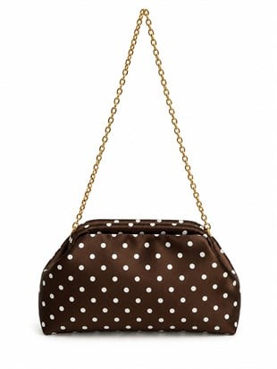 Puantiyeli  Kadın Zincir Askılı Clutch ve Omuz Çantası Kahverengi Puantiyeli