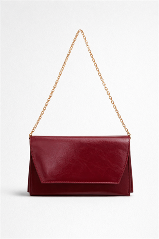 Deri Görünümlü Zincir Askılı Kadın El ve Omuz Çantası – Şık Portföy Clutch Bordo