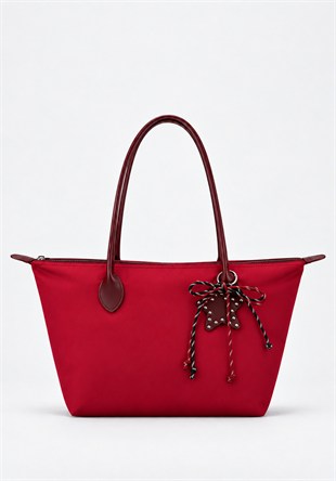 Süslemeli Fermuarlı Shopper Omuz Çantası Kırmızı