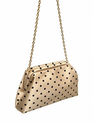 Puantiyeli  Kadın Zincir Askılı Clutch ve Omuz Çantası Krem Puantiyeli