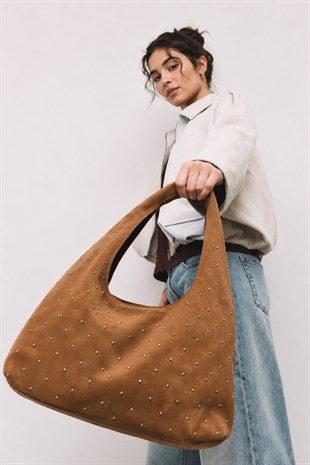 Süet Shopper Yumuşak  Form Omuz Çantası Taba