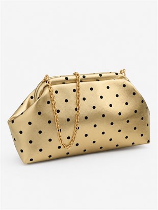 Puantiyeli  Kadın Zincir Askılı Clutch ve Omuz Çantası Altın Puantiyeli