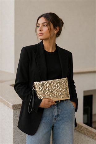 Yıldız Desenli Parlak Kadın El Çantası – Şık Clutch Çanta Altın