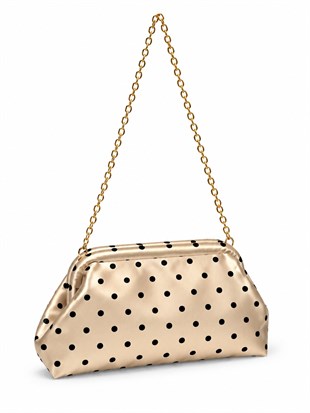 Puantiyeli  Kadın Zincir Askılı Clutch ve Omuz Çantası Krem Puantiyeli