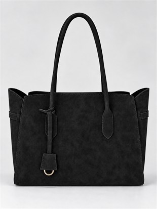 Fermuarlı İç Bölmeli Omuz Çantası Shopper Model Siyah Süet