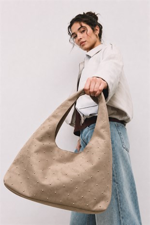 Süet Shopper Yumuşak  Form Omuz Çantası Vizon