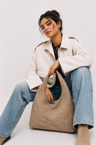 Süet Shopper Yumuşak  Form Omuz Çantası Vizon