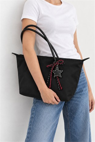 Süslemeli Fermuarlı Shopper Omuz Çantası Siyah