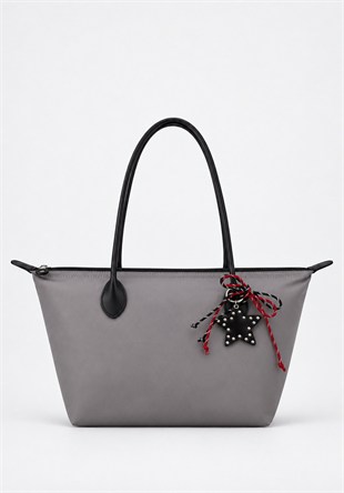 Süslemeli Fermuarlı Shopper Omuz Çantası Gri
